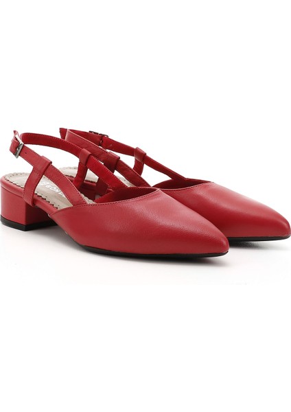 Kadın Kırmızı B Kalın Topuklu Arkası Açık Hakiki Deri Ayakkabı modelleri