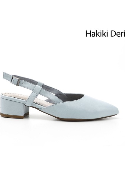Kadın Bebek Mavisi Kalın Topuklu Arkası Açık Hakiki Deri Ayakkabı