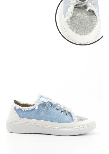 Kadın Mavi Kot Triko Taşlı Comfort Dolgu Taban Sneaker