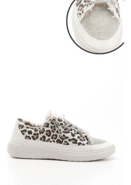 Kadın Leopar Kot Triko Taşlı Comfort Dolgu Taban Sneaker
