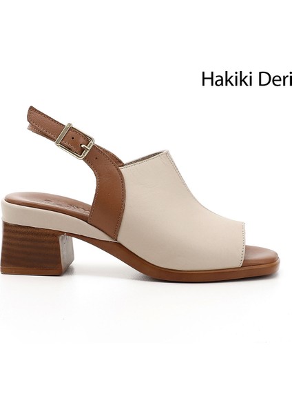 Kadın Bej Kalın Topuklu Hakiki Deri Sandalet