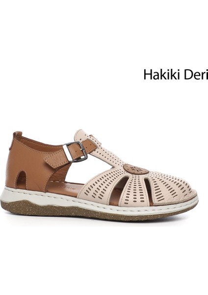 Kadın Bej Dolgu Topuk Hakiki Deri Sandalet