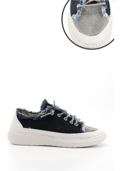 Kadın Lacivert Kot Triko Taşlı Comfort Dolgu Taban Sneaker