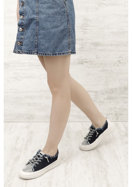Kadın Lacivert Kot Triko Taşlı Comfort Dolgu Taban Sneaker fiyatları