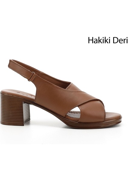 Kadın Taba Antik Cırt Bantlı Kalın Topuklu Hakiki Deri Sandalet
