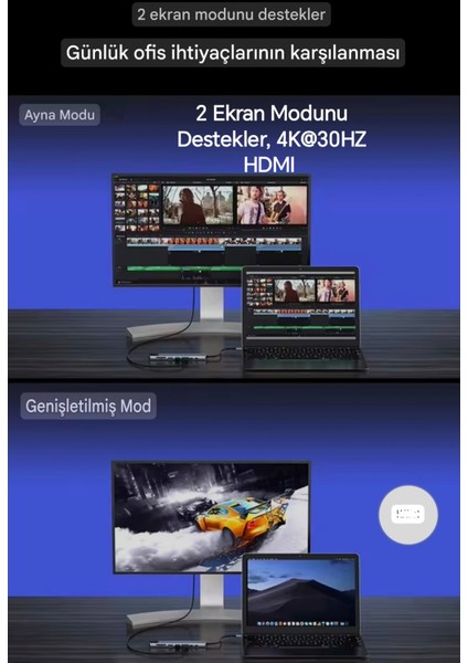 8'in 1'i Pd 100W/ HDMI 4K/RJ45 100Mbs./Sd-Tf Kart/Type-C 5Gbps./Usb 3.0 Usb 2.0 Hub Çoklayıcı Çoğaltıcı Adaptör Ce Lisanslı Orjinal indirimleri