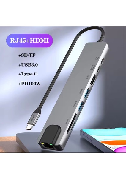 8'in 1'i Pd 100W/ HDMI 4K/RJ45 100Mbs./Sd-Tf Kart/Type-C 5Gbps./Usb 3.0 Usb 2.0 Hub Çoklayıcı Çoğaltıcı Adaptör Ce Lisanslı Orjinal