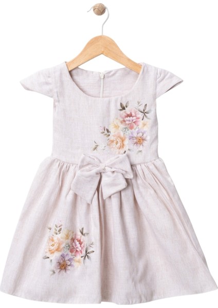 Baskılı Keten Elbise Bej