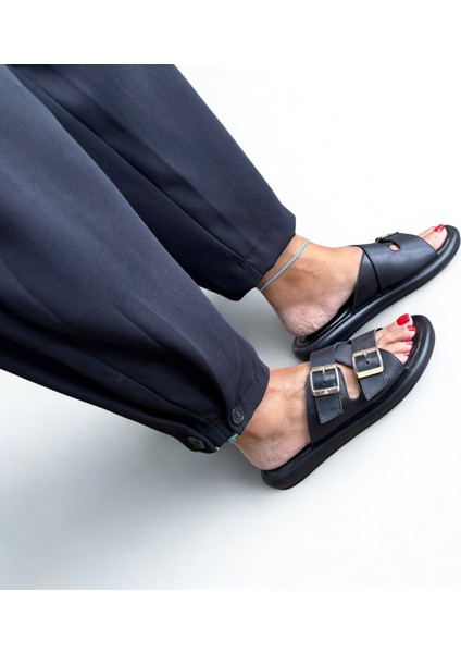 Siyah Hakiki Deri Kadın Tokalı Terlik fırsatları