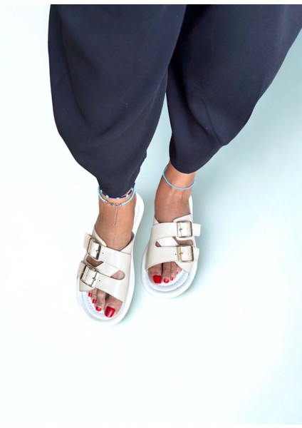 Bej Hakiki Deri Kadın Tokalı Terlik fiyatları