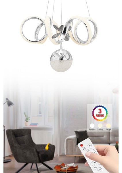 Istanbul Avize Simge Ledli Üç Renk Kumandalı Gümüş Lüx Modern Avize