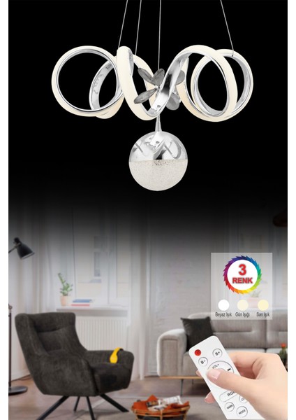 Istanbul Avize Simge Ledli Üç Renk Kumandalı Gümüş Lüx Modern Avize