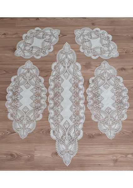 Bej Kordon Yelpaze Desenli Keten Efektli 5'li Salon Takımı