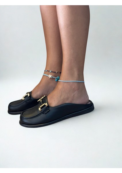 Siyah Hakiki Deri Gold Aksesuarlı Kadın Sabo Terlik modelleri