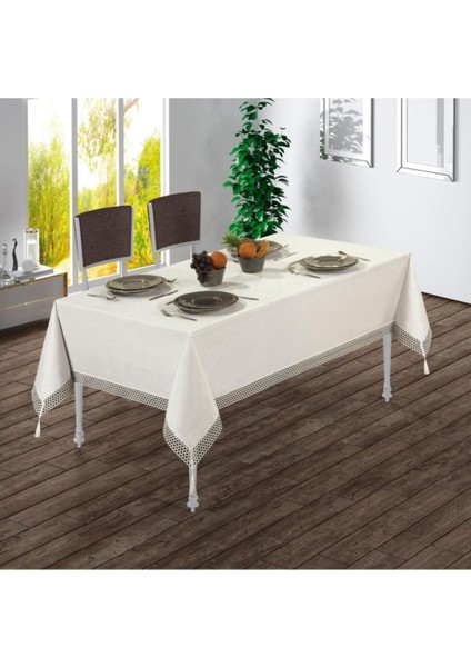 Fileli Püsküllü Şantuk Kumaş Masa Örtüsü, Şık ve Zarif Bej Renk Seçeneğiyle.