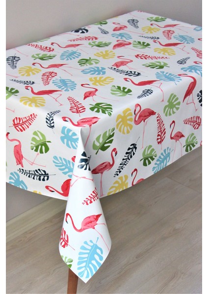 Astarlı Pvc Muşamba Masa Örtüsü Flamingo, Silinebilir, Şık ve Dayanıklı, Beyaz Renk