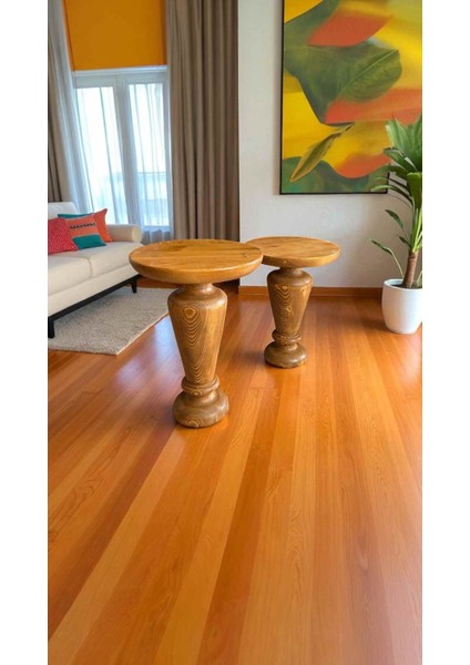 Minimalist Tasarım Masif Ahşap 2'li Yan Sehpa – Tik Renk Zigon Sehpa Seti