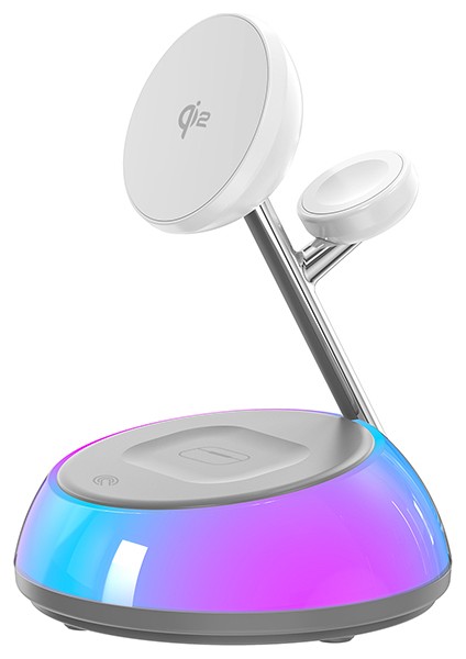 WI-W036 Qi2 3 In 1 Magnetik Hızlı Şarj Özellikli Ambiyans Işıklı Kablosuz Şarj Standı 15W Beyaz