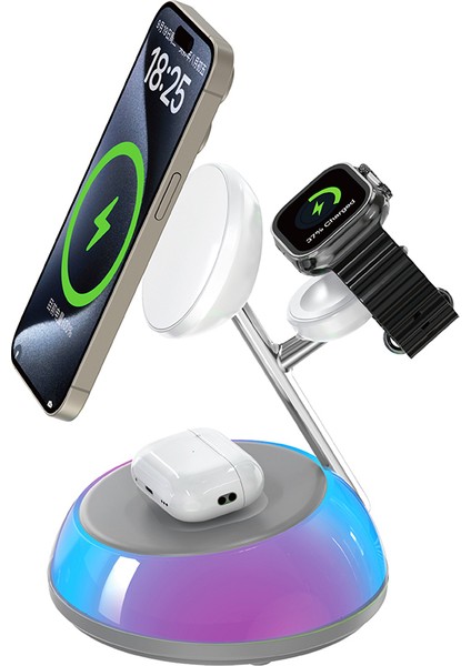 WI-W036 Qi2 3 In 1 Magnetik Hızlı Şarj Özellikli Ambiyans Işıklı Kablosuz Şarj Standı 15W Beyaz
