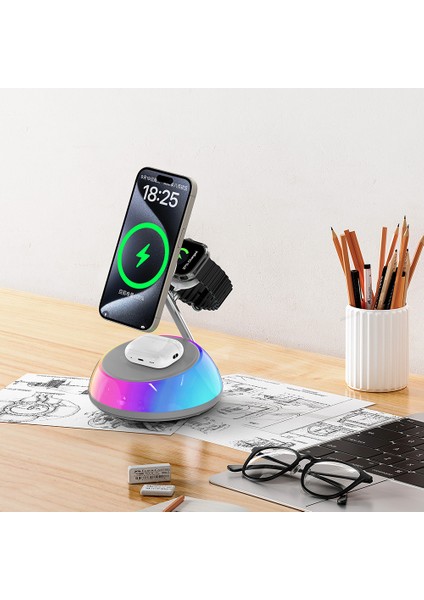 WI-W036 Qi2 3 In 1 Magnetik Hızlı Şarj Özellikli Ambiyans Işıklı Kablosuz Şarj Standı 15W Beyaz