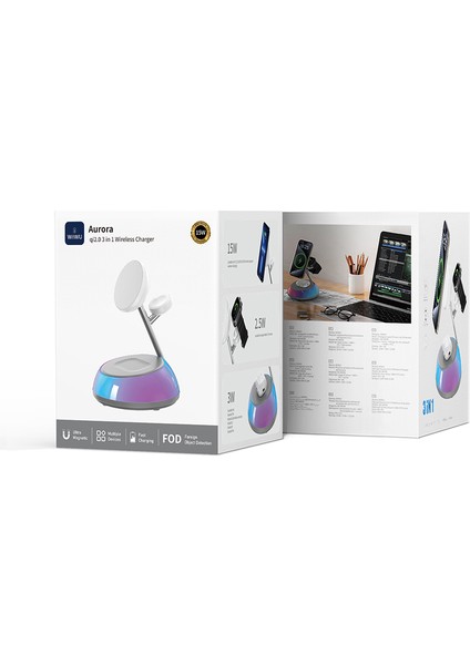 WI-W036 Qi2 3 In 1 Magnetik Hızlı Şarj Özellikli Ambiyans Işıklı Kablosuz Şarj Standı 15W Beyaz