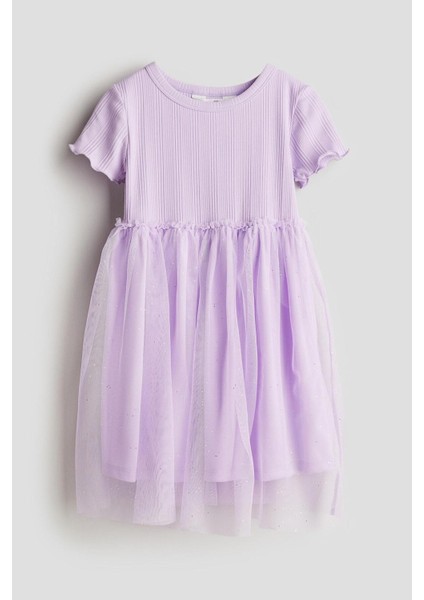 Kız Çocuk Kısa Kollu Eteği Tüllü Sim Detaylı Astarlı Elbise