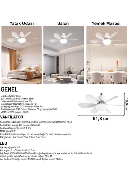 Tavan Vantilatörü LED Işık 3 Kademe Hız Modu Sessiz 52 cm Çap 6 Kanat Kumandalı Vantilatör