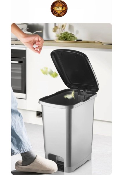 20 Lt Siyah Kapaklı Pedallı Gri Banyo ve Mutfak Çöp Kovası