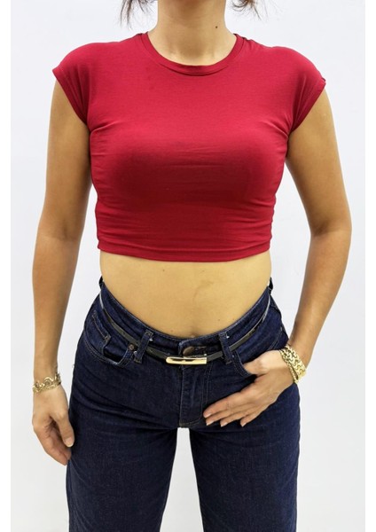 Düşük Kol Likralı Bordo Crop Tshirt - MGN4798
