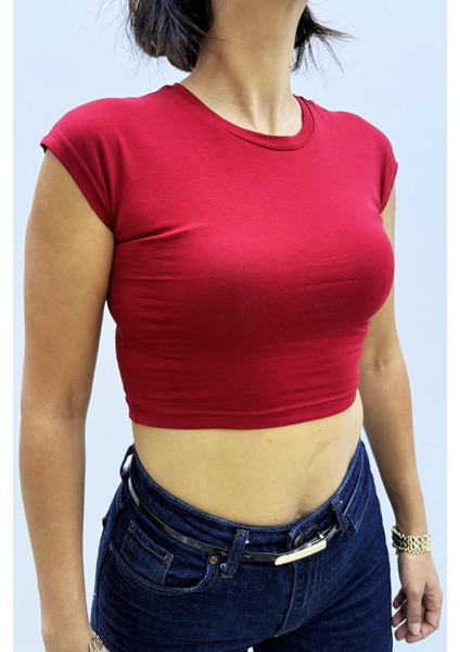 Düşük Kol Likralı Bordo Crop Tshirt - MGN4798 fiyatları