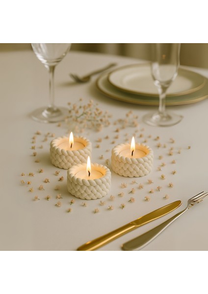 Örgü Desenli 3’lü El Yapımı Mumluk Seti – Tealight Uyumlu Modern & Doğal Dekoratif Aksesuar + Tealight Mum Hediyeli