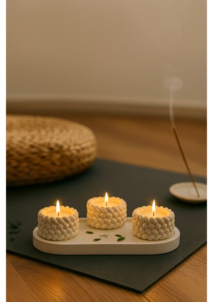 Örgü Desenli 3’lü El Yapımı Mumluk Seti – Tealight Uyumlu Modern & Doğal Dekoratif Aksesuar + Tealight Mum Hediyeli