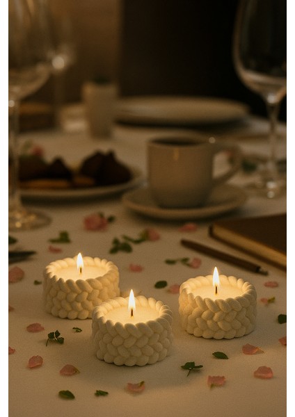 Örgü Desenli 3’lü El Yapımı Mumluk Seti – Tealight Uyumlu Modern & Doğal Dekoratif Aksesuar + Tealight Mum Hediyeli
