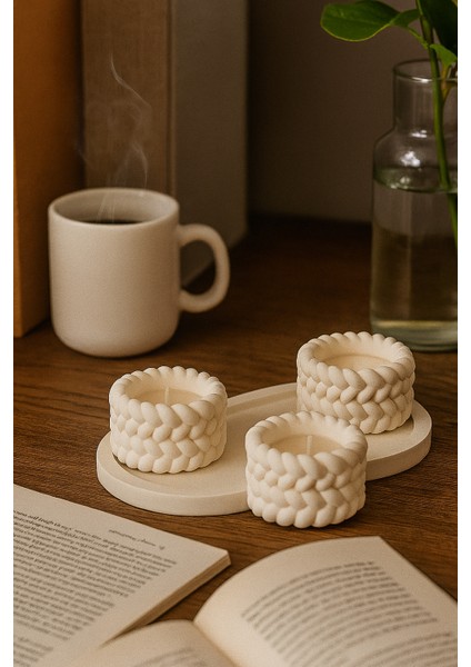 Örgü Desenli 3’lü El Yapımı Mumluk Seti – Tealight Uyumlu Modern & Doğal Dekoratif Aksesuar + Tealight Mum Hediyeli