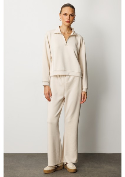 Kadın Modal Uzun Kollu Yarım Fermuarlı Bol Paça Takım