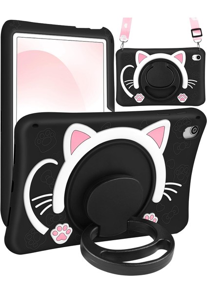 Xiaomi Redmi Pad Se 11 Inç Uyumlu Siyah Kedi Çocuk Kılıfı Askılı 360 Dönen Standlı Eğlenceli Koruma
