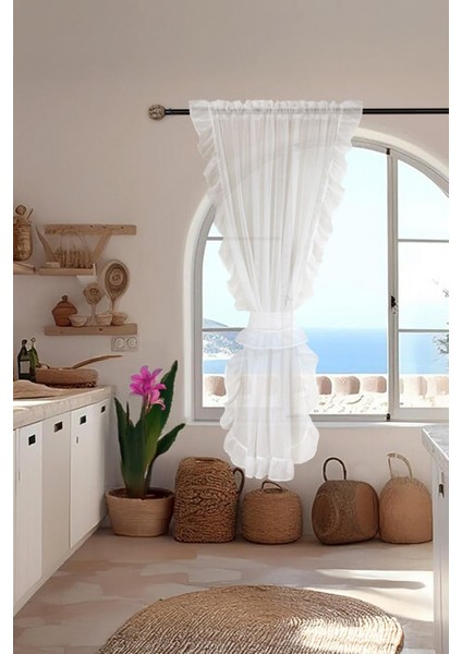 Fırfırlı Tül Perde Tek Kanat Romantik Volanlı Bağlamalı