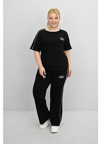 Kadın Büyük Beden Kısa Kollu Nakış Işleme Detaylı Bol Paça Eşofman Takımı 8191-25