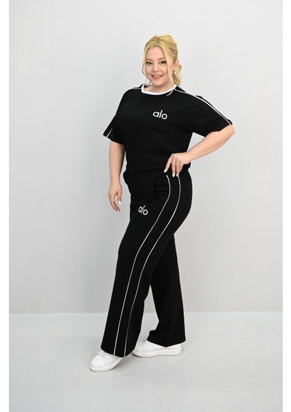 Kadın Büyük Beden Kısa Kollu Nakış Işleme Detaylı Bol Paça Eşofman Takımı 8191-25 modelleri