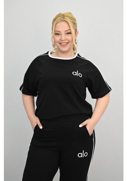 Kadın Büyük Beden Kısa Kollu Nakış Işleme Detaylı Bol Paça Eşofman Takımı 8191-25 indirimleri