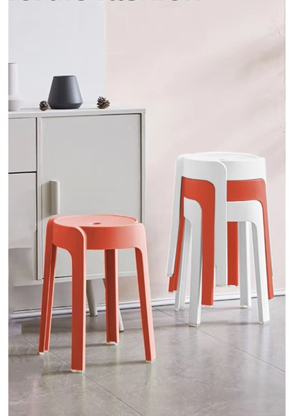 Kırmızı ve Mercan Renkli, Kaymaz Ayaklı Iç Içe Geçebilen Dekoratif Plastik Tabure Seti