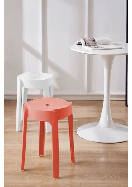 Kırmızı ve Mercan Renkli, Kaymaz Ayaklı Iç Içe Geçebilen Dekoratif Plastik Tabure Seti fiyatları