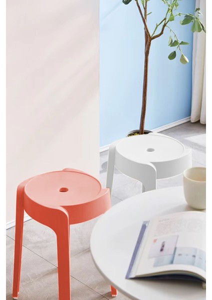 Kırmızı ve Mercan Renkli, Kaymaz Ayaklı Iç Içe Geçebilen Dekoratif Plastik Tabure Seti modelleri