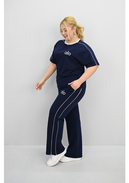 Kadın Büyük Beden Kısa Kollu Nakış Işleme Detaylı Bol Paça Eşofman Takımı 8191-25 modelleri