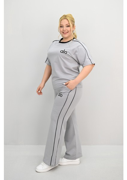 Kadın Büyük Beden Kısa Kollu Nakış Işleme Detaylı Bol Paça Eşofman Takımı 8191-25 modelleri