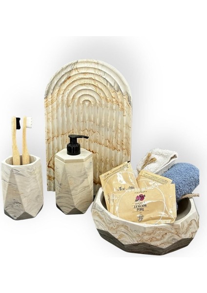 4 Parça Mermer Desenli Beton Banyo Seti Sunum Tepsisi Sıvı Sabunluk Diş Fırçalığı Havluluk