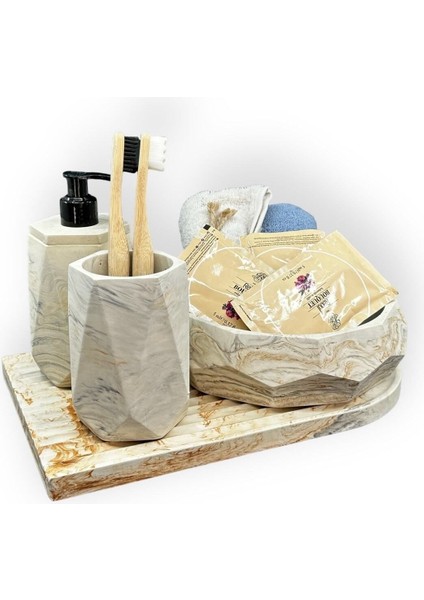 4 Parça Mermer Desenli Beton Banyo Seti Sunum Tepsisi Sıvı Sabunluk Diş Fırçalığı Havluluk fiyatları