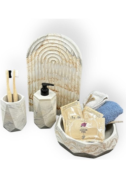 4 Parça Mermer Desenli Beton Banyo Seti Sunum Tepsisi Sıvı Sabunluk Diş Fırçalığı Havluluk modelleri