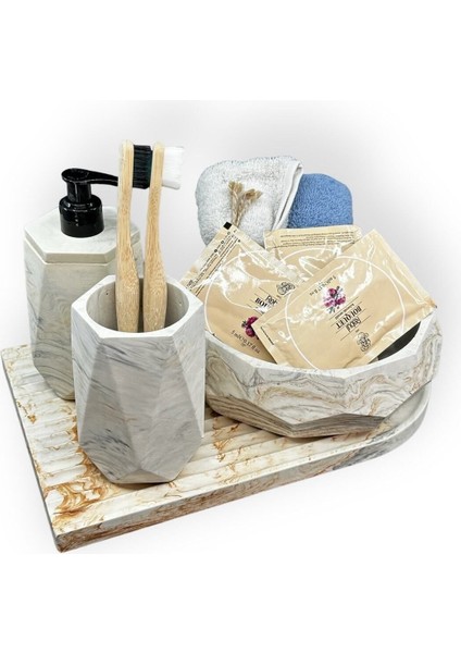 4 Parça Mermer Desenli Beton Banyo Seti Sunum Tepsisi Sıvı Sabunluk Diş Fırçalığı Havluluk fırsatları