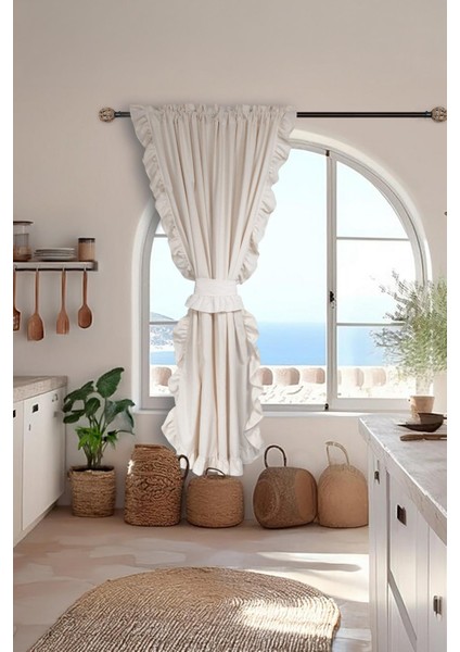 Fırfırlı Keten Perde Tek Kanat Romantik Volanlı Bağlamalı